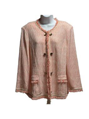 Ming Wang Textured Peach Tweed Blazer Jacket With Fringe Trim & Gold Buttons Siz